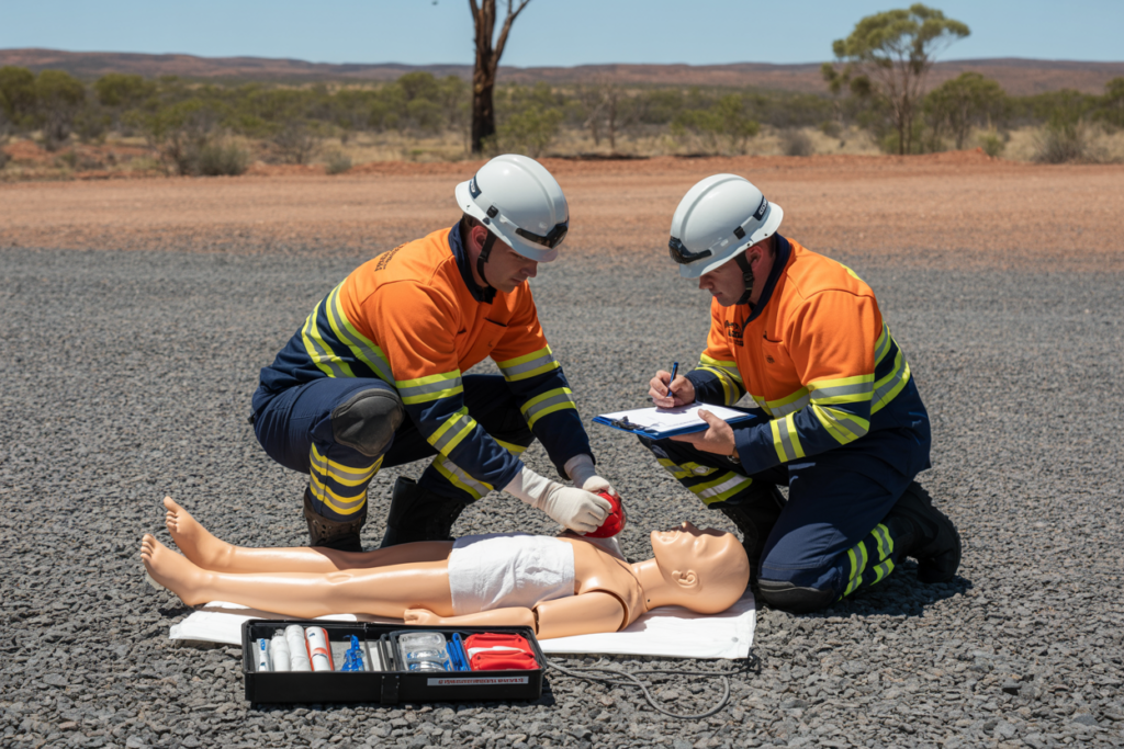 Students practicing CPR and first aid techniques on training manikins during Advanced First Aid course in Milton QLD