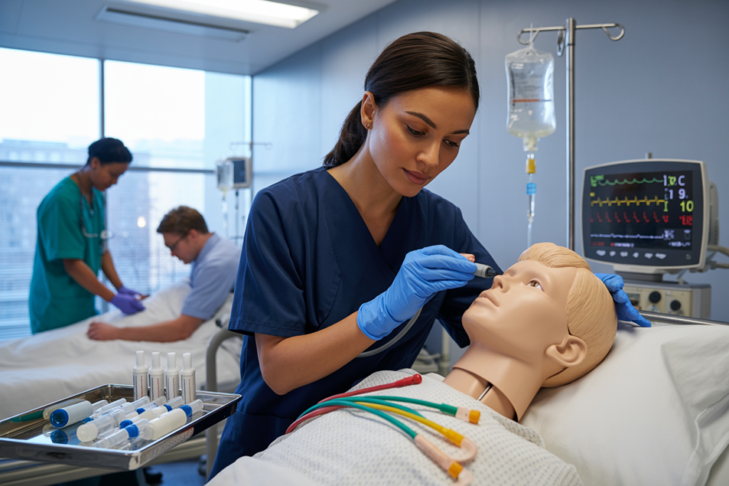 Healthcare professional practicing CPR and AED use during Advanced Resuscitation Techniques course