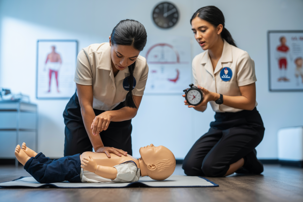 Trainer demonstrating DRSABCD resuscitation on a manikin during a First Aid in an Education and Care Setting course in Brisbane City QLD
