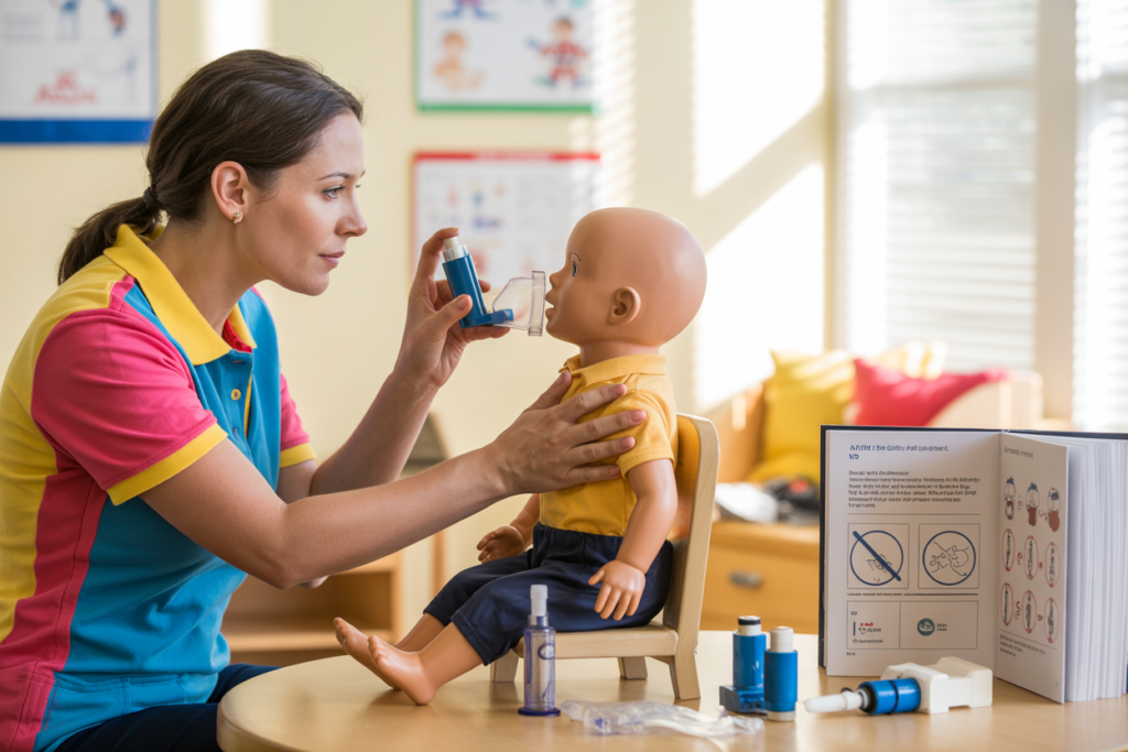 Professional First Aid in an Education and Care Setting trainer demonstrating CPR on a manikin in Toowong QLD