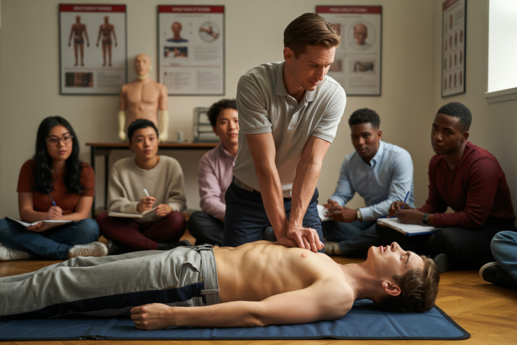 Students practicing CPR techniques during Basic Emergency Life Support courses in Toowong