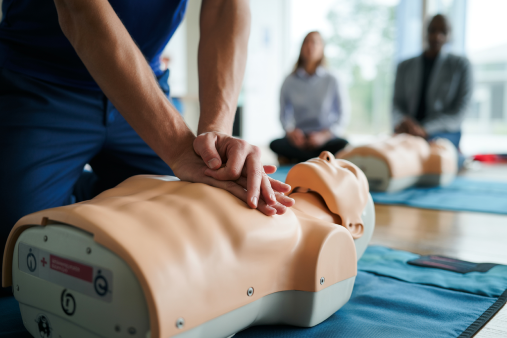Students learning CPR and emergency life support skills during Basic Emergency Life Support course in Fortitude Valley