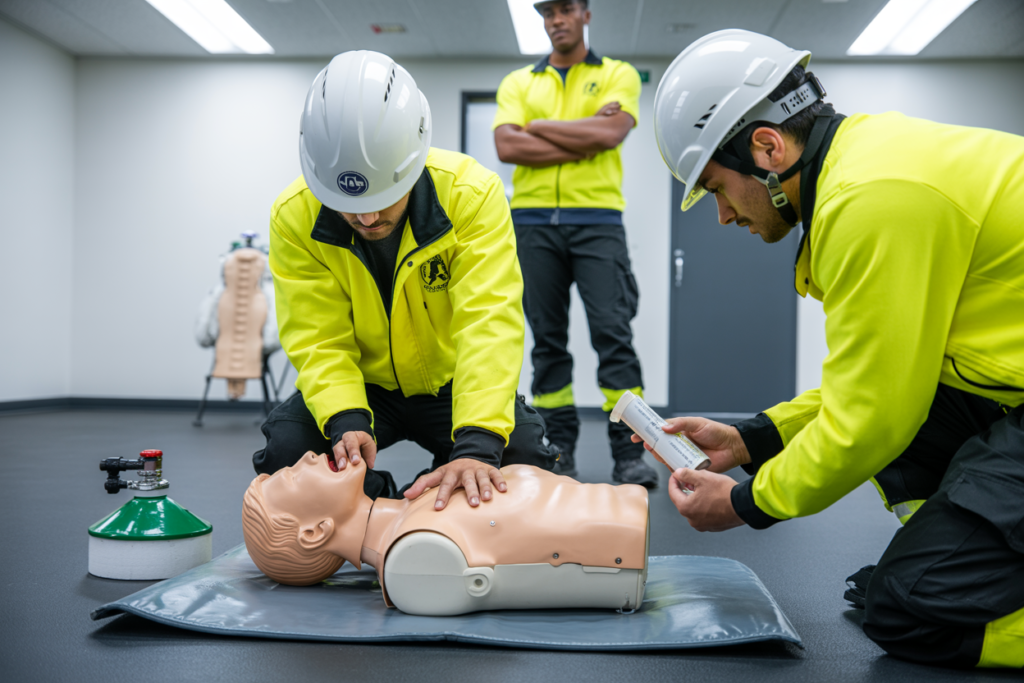 Students practicing CPR on manikins during Advanced First Aid course in Mooloolaba QLD