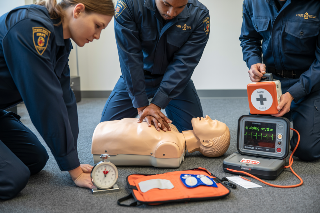 Students practicing CPR on manikins during Advanced First Aid course in Camp Hill QLD