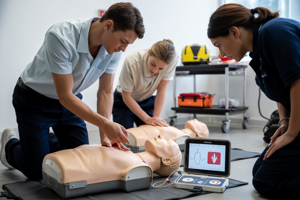 Students practicing wound care and bleeding management techniques during Basic Emergency Life Support course in Indooroopilly