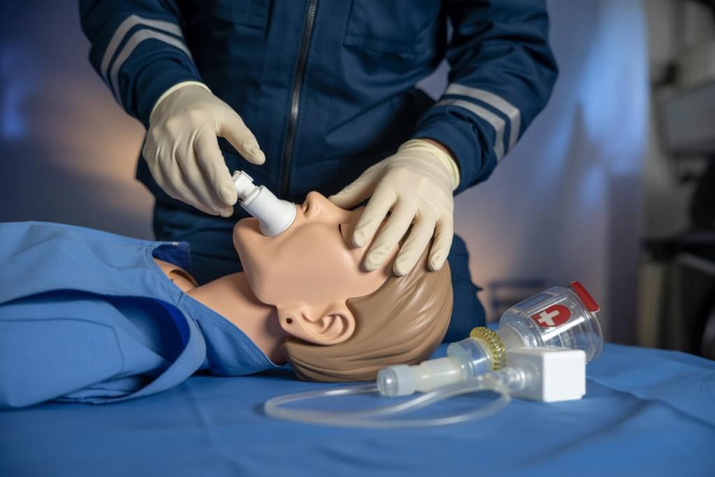 Students practicing CPR and DRSABCD resuscitation techniques on manikins during Advanced First Aid course training