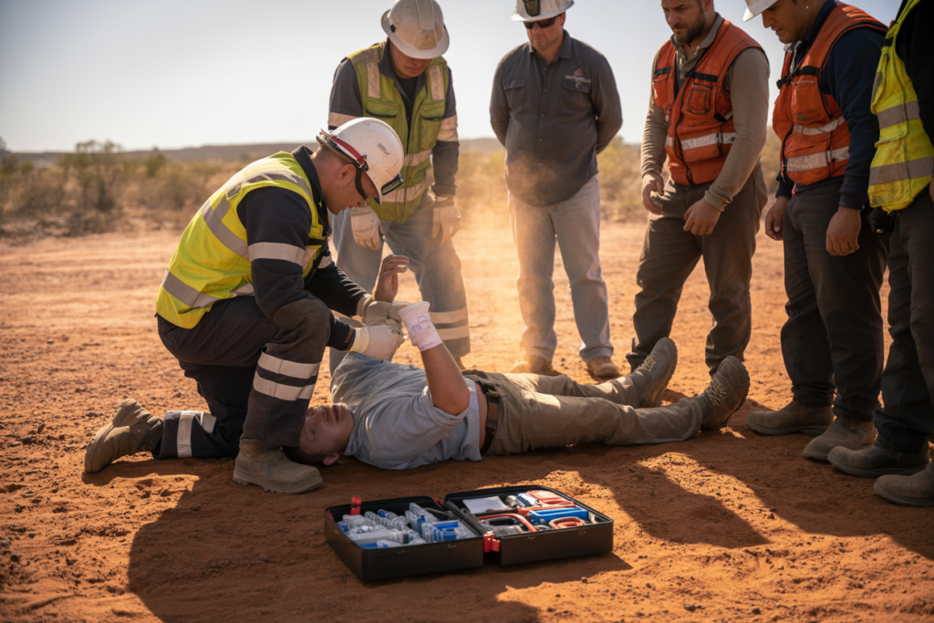 Students practicing CPR and DRSABCD resuscitation techniques on manikins during Advanced First Aid course in Stones Corner