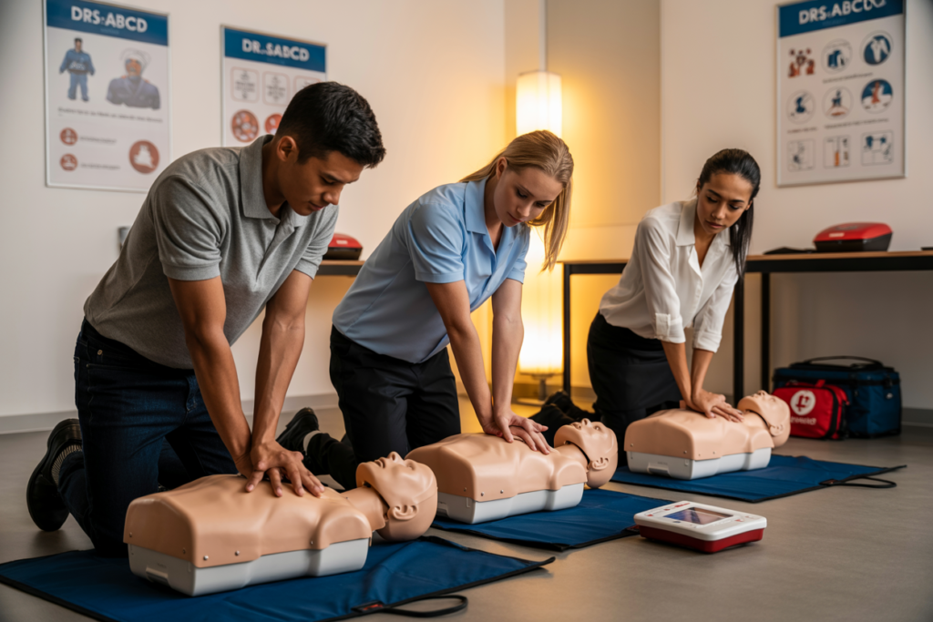 Advanced First Aid course training CPR practice on manikins Indooroopilly