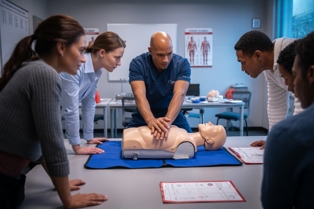 Students practicing CPR and DRSABCD resuscitation techniques on training manikins during Advanced First Aid course