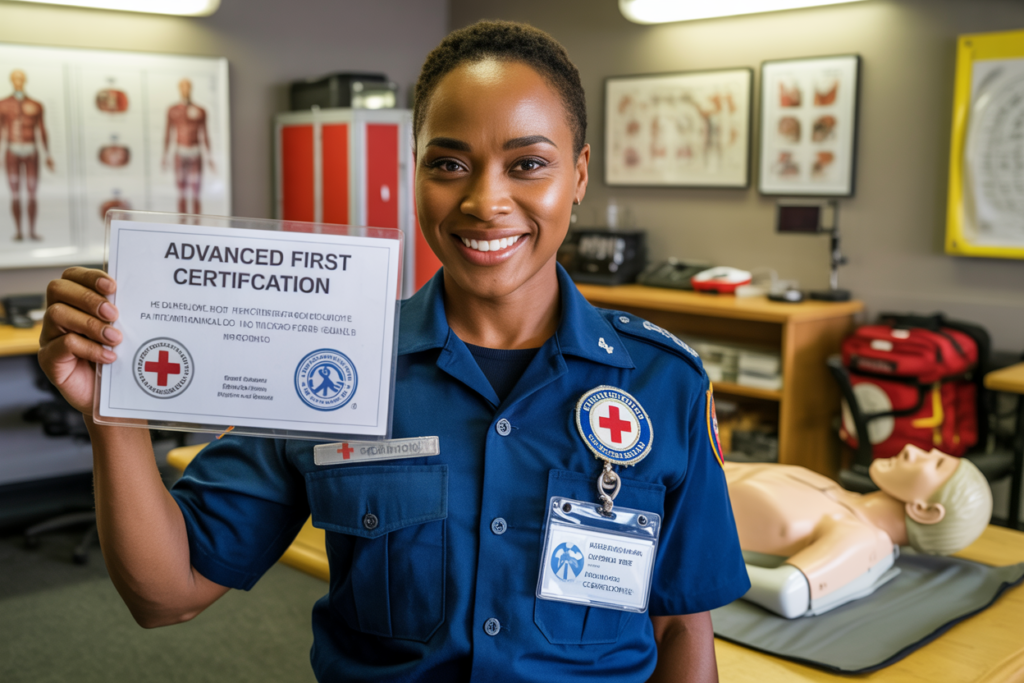 Smiling graduate holding advanced first aid certification diploma with instructor in background