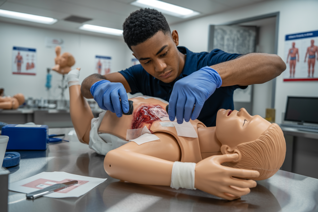 Close-up of hands applying pressure bandage to simulated wound on training arm model