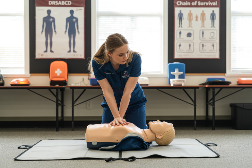 Educator practising CPR on a child manikin during a First Aid in an Education and Care Setting course in South Brisbane QLD
