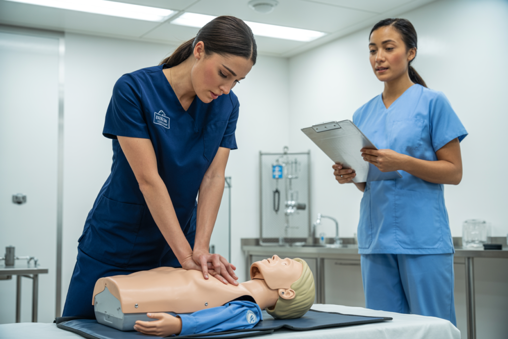 Trainer demonstrating CPR and AED use during an Advanced Resuscitation Techniques course in Sinnamon Park, QLD
