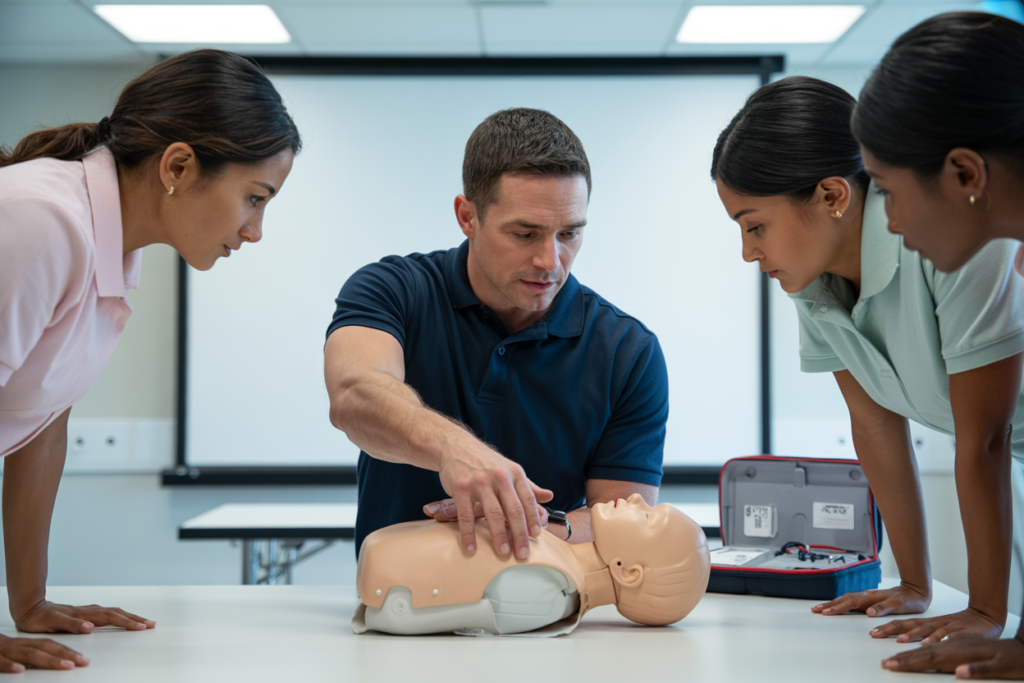 First aid trainer demonstrating CPR and DRSABCD of resuscitation on an adult manikin during a First Aid in an Education and Care Setting course in South Bank QLD