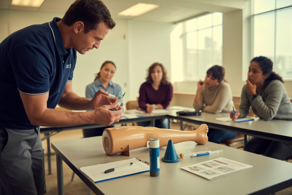 Trainer delivering First Aid in an Education and Care Setting course with manikin demonstrations in Greenslopes QLD