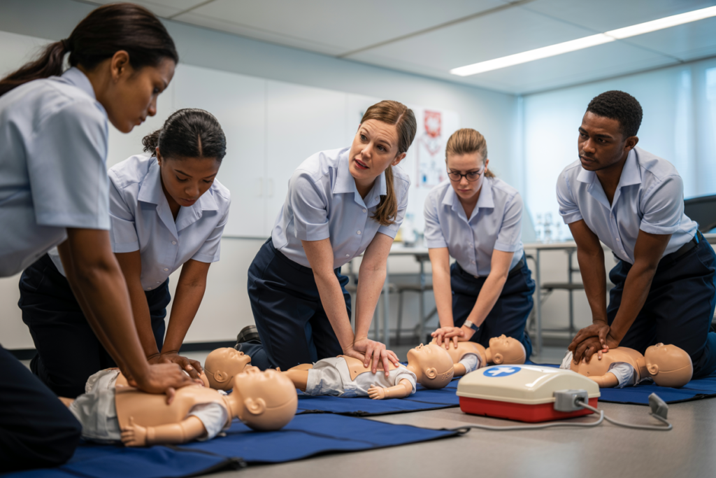 Trainer demonstrating First Aid in an Education and Care Setting on a manikin including DRSABCD resuscitation for educators in Camp Hill QLD