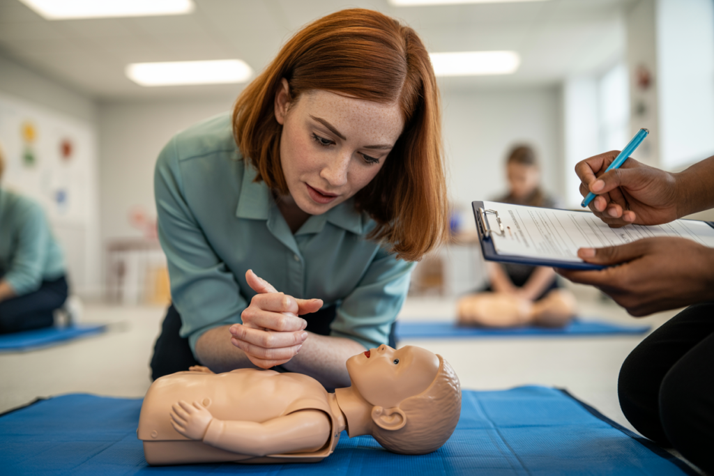 Trainer demonstrating First Aid in an Education and Care Setting techniques including CPR on a manikin for childcare and education professionals in Springwood QLD