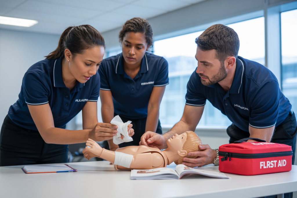 A trainer demonstrating DRSABCD resuscitation and CPR techniques on a manikin during a First Aid in an Education and Care Setting course in Mansfield QLD