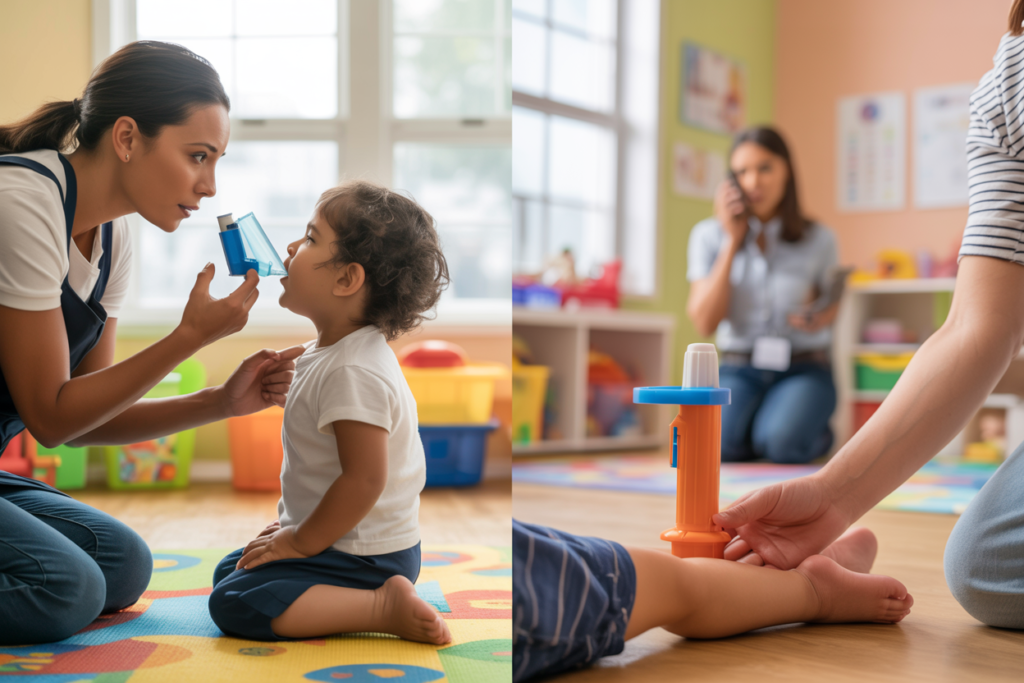Trainer demonstrating use of an EpiPen adrenaline auto-injector device during an Asthma and Anaphylaxis Course
