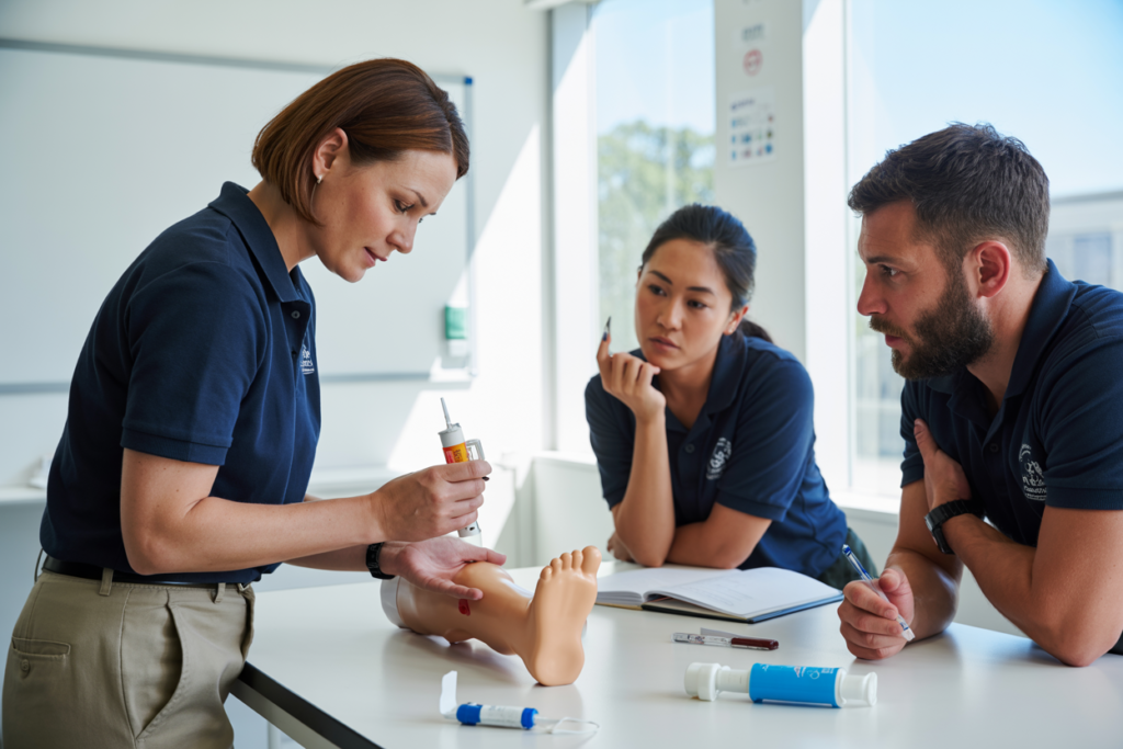 Trainer demonstrating EpiPen and Anapen use during an Asthma and Anaphylaxis Course in Paddington