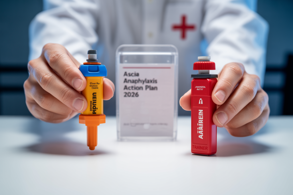 Participant practising Epi-Pen and Anapen adrenaline auto-injector technique during Asthma and Anaphylaxis Course in Indooroopilly