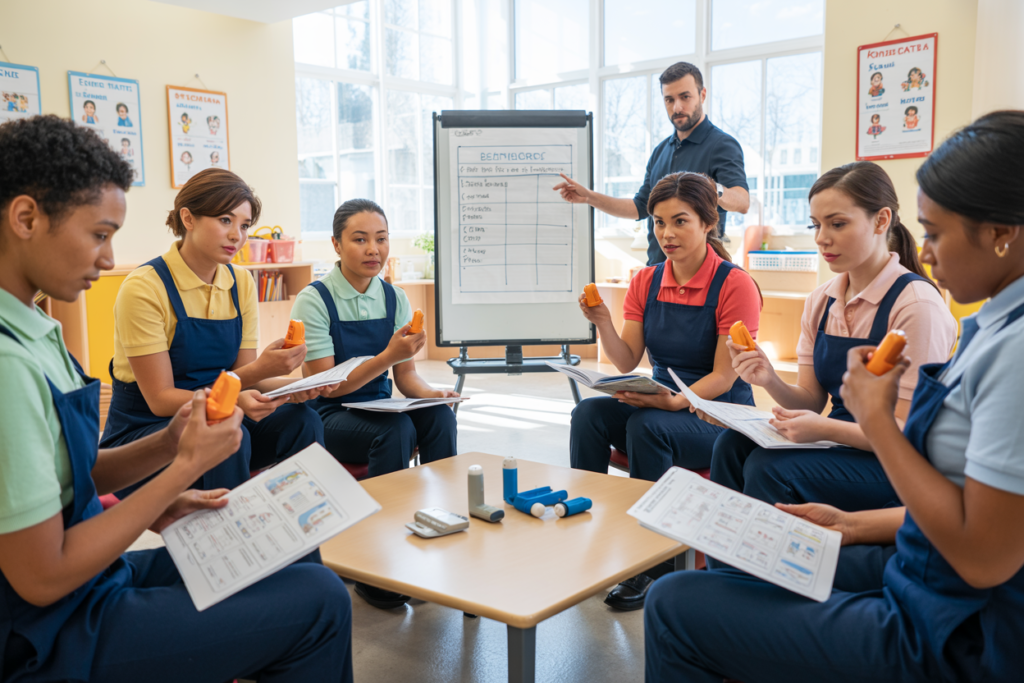 Trainer demonstrating asthma and anaphylaxis first aid management during a professional course in Indooroopilly