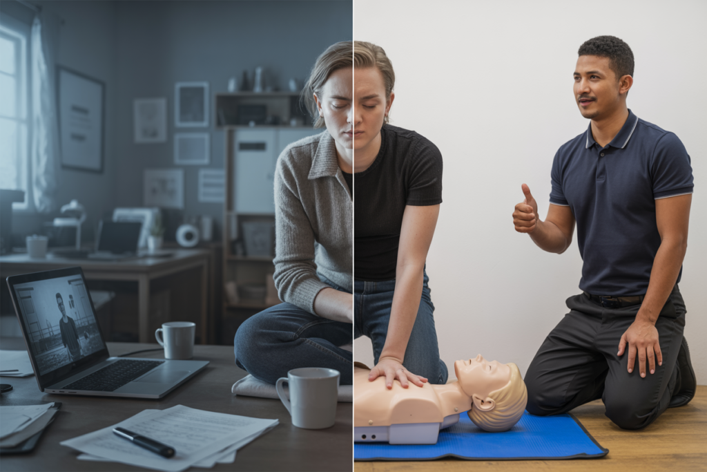 Trainer demonstrating AED (defibrillator) use during a CPR course in Riverhills, QLD