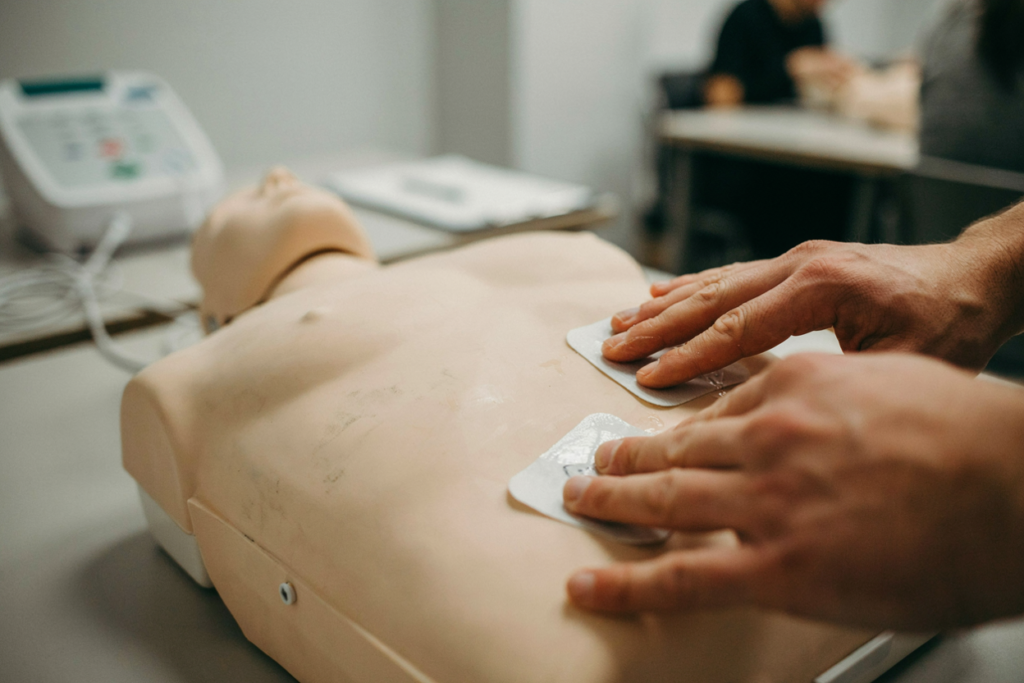 AED trainer unit on manikin during practical assessment