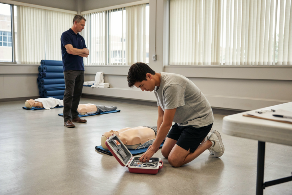 Simulated emergency scenario with AED